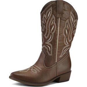 mysoft Women's Brown Western Cowboy Boots Mid Calf Pointed Toe Cowgirl